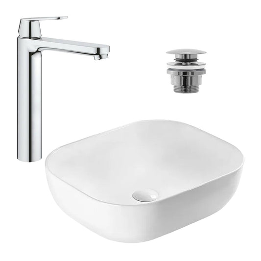 Пакет за вграждане Rea Belinda Slim бял 46.5 см, смесител Grohe Eurosmart Cosmopolitan XL хром и клапан Click-Clack хром