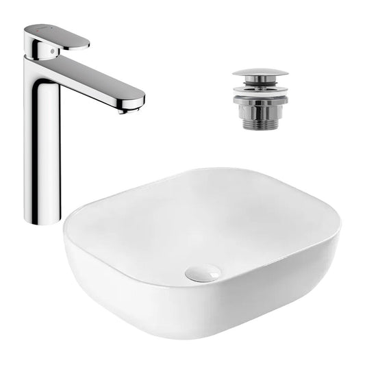 Пакет за вграждане Rea Belinda Slim бял 46.5 см, смесител Hansgrohe Vernis Blend хром и клапа Click-Clack хром
