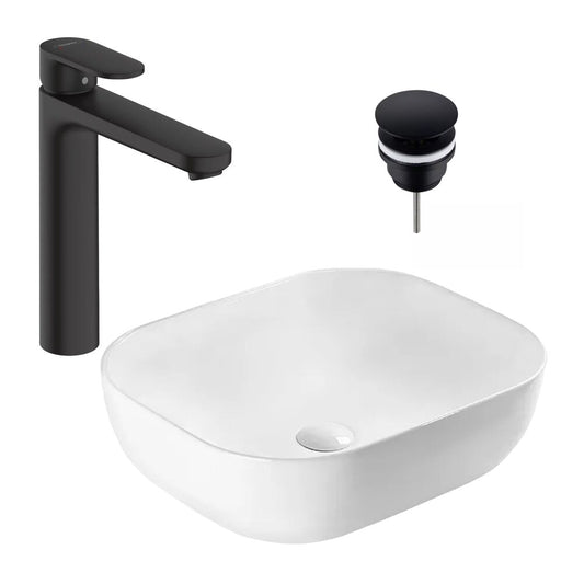 Sink Package Rea Belinda White and Hansgrohe Vernis Blend Black Faucet and Click-Clack D Black Sink Drain