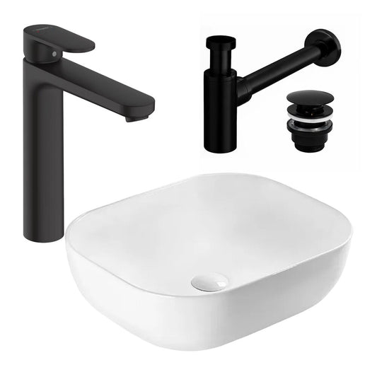 Комплект умивалник за плот Rea Belinda бял 46.5 см, смесител Hansgrohe Vernis Blend черен и вентил Click-Clack черен