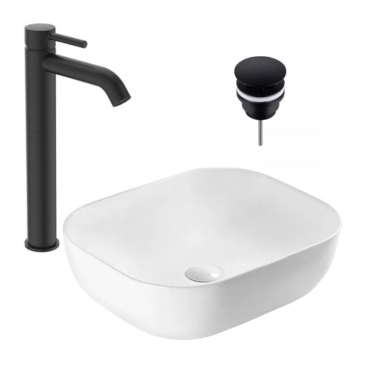 Countertop Sink Package Rea Belinda White 46.5 cm, Ideal Standard Ceraline Black Faucet and Click-Clack D Black Sink Drain