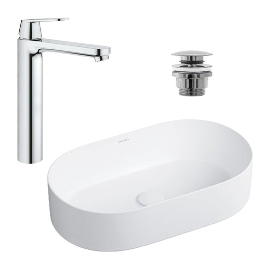 Пакет мивка на плот Omnires Mesa бял 53.5 см, батерия за мивка Grohe Eurosmart Cosmopolitan XL хром и клапа за мивка Click-Clack хром