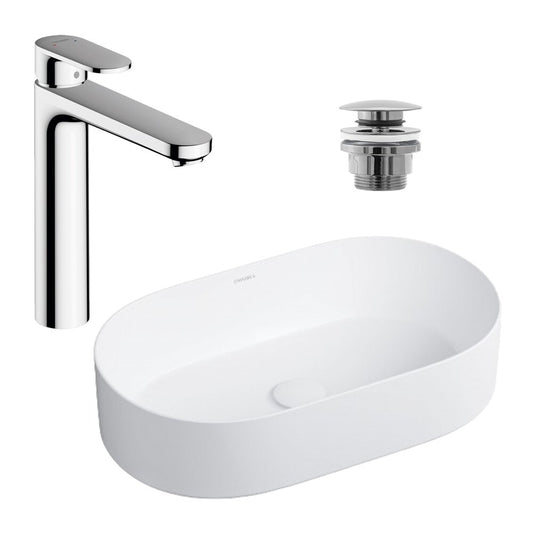 Пакет за мивка с плот Omnires Mesa бял 53.5 см, смесител за мивка Hansgrohe Vernis Blend 190 хром и вентил за мивка Click-Clack хром