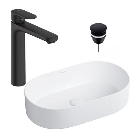 Countertop Sink Package Omnires Mesa White 53.5 cm, Hansgrohe Vernis Blend 190 Black Faucet and Click-Clack Black Sink Drain