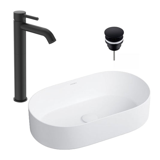 Countertop Sink Package Omnires Mesa White 53.5 cm, Ideal Standard Ceraline Black Faucet and Click-Clack D Black Sink Drain