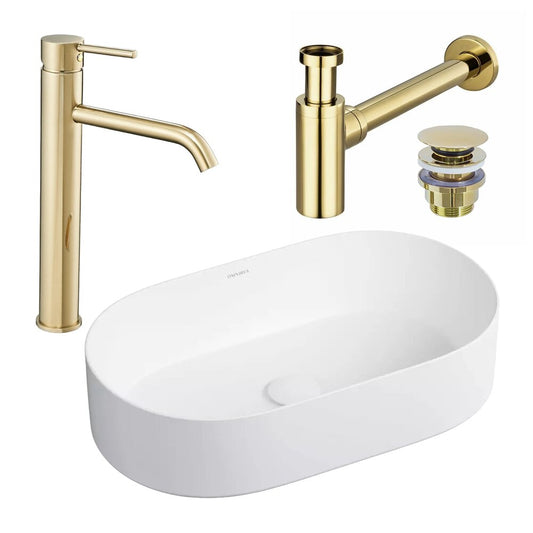 Omnires Mesa White Countertop Sink Package 53.5 cm, Rea Lungo Gold Faucet and Gold Click-Clack Sink Drain
