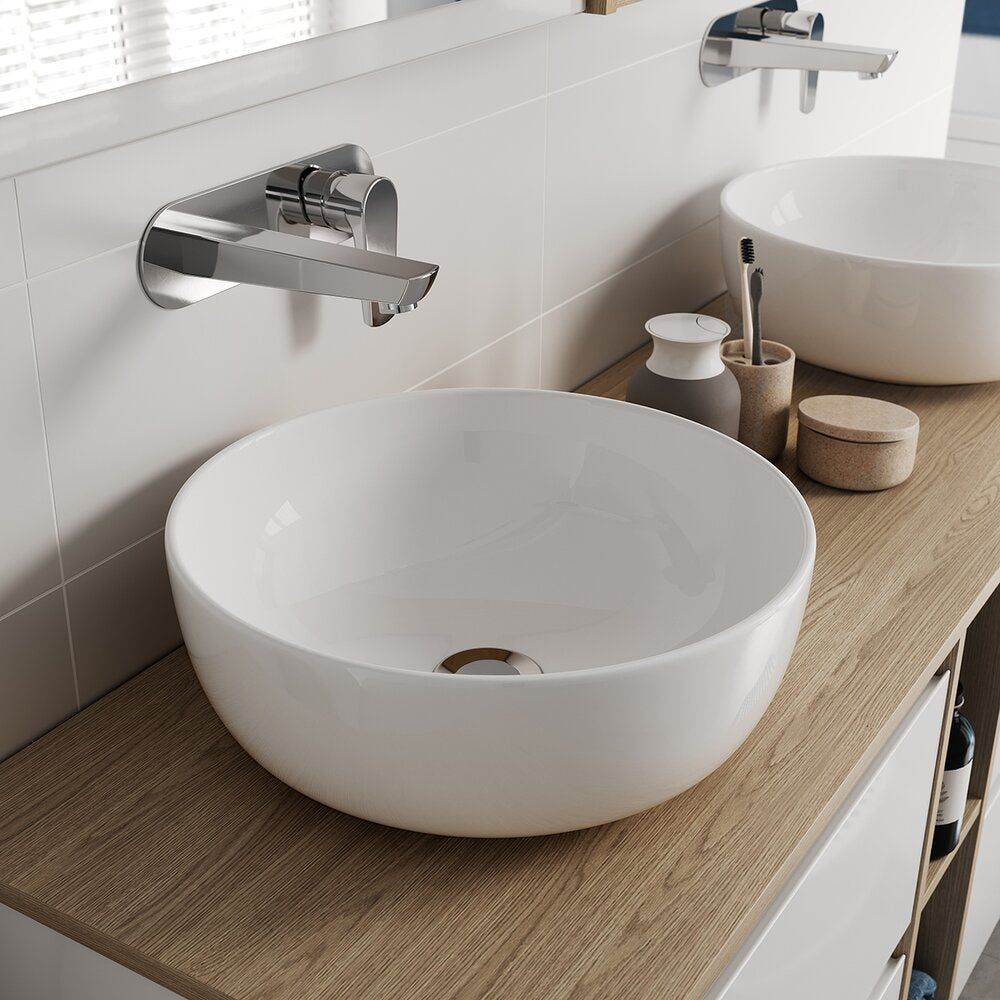 Cersanit Moduo White Countertop Sink Package 40 cm, Rea Lungo Gold Faucet and Gold Click-Clack Sink Drain
