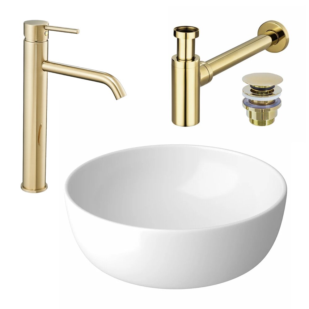 Cersanit Moduo White Countertop Sink Package 40 cm, Rea Lungo Gold Faucet and Gold Click-Clack Sink Drain