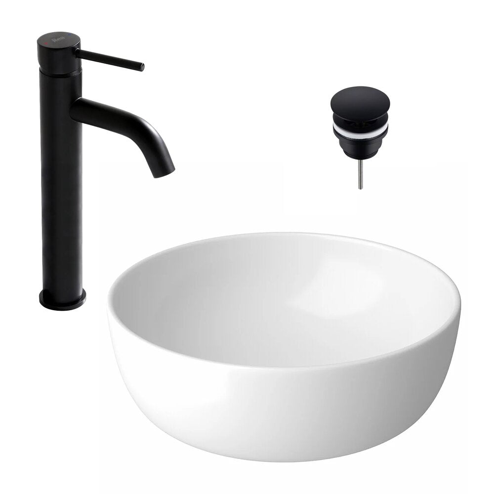 Countertop Sink Package Cersanit Moduo White 40 cm, Rea Lungo Black Faucet and Click-Clack D Black Sink Drain