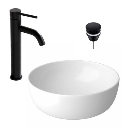 Countertop Sink Package Cersanit Moduo White 40 cm, Rea Lungo Black Faucet and Click-Clack D Black Sink Drain