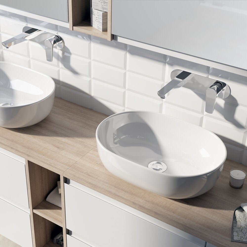 Countertop Sink Package Cersanit Moduo White 50.5 cm, Rea Lungo Black Faucet and Click-Clack D Black Sink Drain