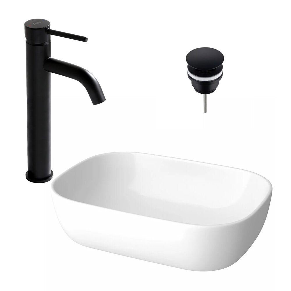 Countertop Sink Package Cersanit Moduo White 50.5 cm, Rea Lungo Black Faucet and Click-Clack D Black Sink Drain
