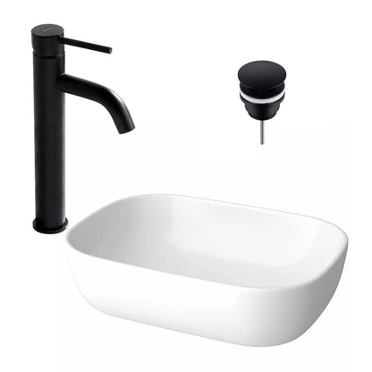 Countertop Sink Package Cersanit Moduo White 50.5 cm, Rea Lungo Black Faucet and Click-Clack D Black Sink Drain