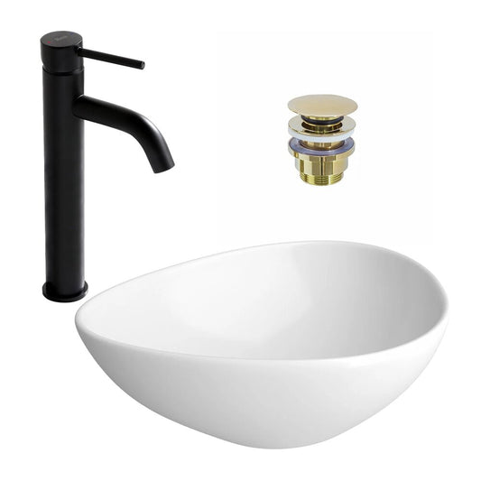 Countertop Sink Package Cersanit Moduo White 44 cm, Rea Lungo Black Sink Faucet and Gold Click-Clack Sink Drain