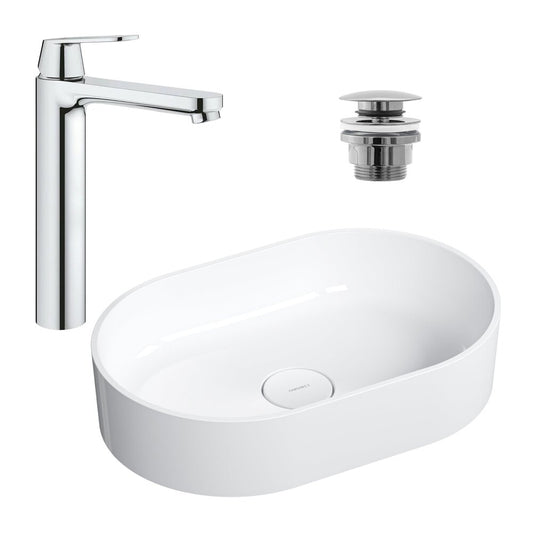 Комплект мивка за плот Omnires Ovo M+ бял 55 см, смесител за мивка Grohe Eurosmart Cosmopolitan XL хром и вентил за мивка Click-Clack хром