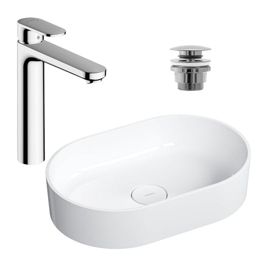 Комплект мивка за плот Omnires Ovo M+ бял 55 см, смесител за мивка Hansgrohe Vernis Blend хром и вентил мивка Click-Clack хром