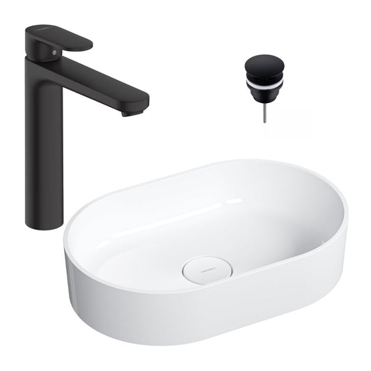 Комплект мивка за плот Omnires Ovo M+ бяла 55 см, смесител за мивка Hansgrohe Vernis Blend черен и вентил за мивка Click-Clack D черен