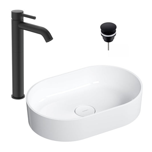 Комплект за мивка на плот Omnires Ovo M+ бял 55 см, смесител за мивка Ideal Standard Ceraline черен и клапан за мивка Click-Clack черен