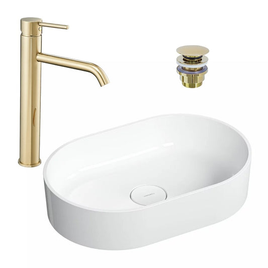 Countertop Sink Package Omnires Ovo M+ White 55 cm, Rea Lungo Gold Sink Faucet and Gold Click-Clack Sink Drain