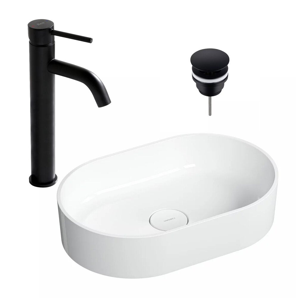Countertop Sink Package Omnires Ovo M+ White 55 cm, Rea Lungo Black Faucet and Click-Clack D Black Sink Drain