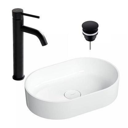 Countertop Sink Package Omnires Ovo M+ White 55 cm, Rea Lungo Black Faucet and Click-Clack D Black Sink Drain