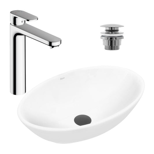 Комплект мивка за плот Rea Pamela бял 53 см, смесител Hansgrohe Vernis Blend хром и вентил за мивка Click-Clack хром