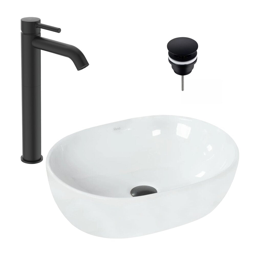 Пакет мивка с плот Rea бял 48 см, смесител Ideal Standard Ceraline черен и клапан Click-Clack черен