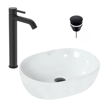 Пакет мивка с плот Rea бял 48 см, смесител Ideal Standard Ceraline черен и клапан Click-Clack черен
