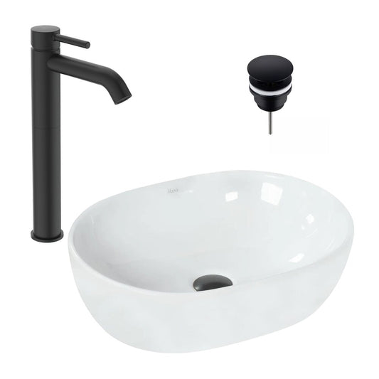 Пакет мивка с плот Rea бял 48 см, смесител Ideal Standard Ceraline черен и клапан Click-Clack черен