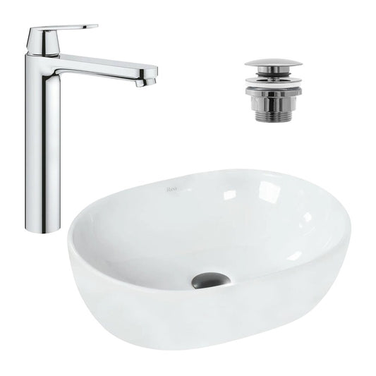 Комплект мивка за плот Rea Amelia бял 48 см, смесител за мивка Grohe Eurosmart Cosmopolitan XL хром и вентил за мивка Click-Clack хром