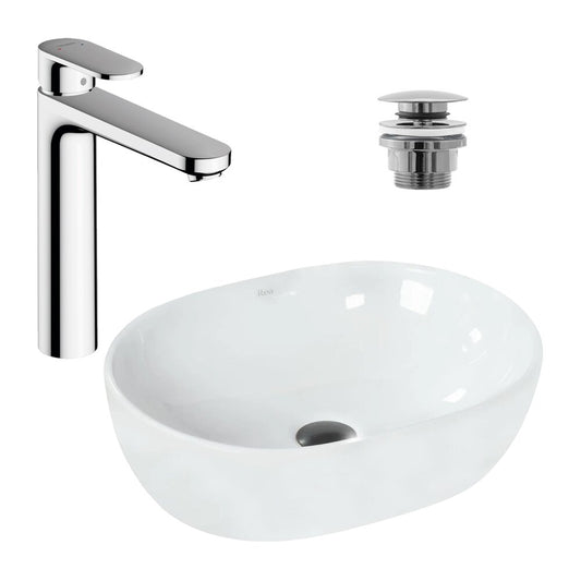 Пакет за мивка на плот Rea Amelia бял 48 см, смесител за мивка Hansgrohe Vernis Blend хром и клапан за мивка Click-Clack хром