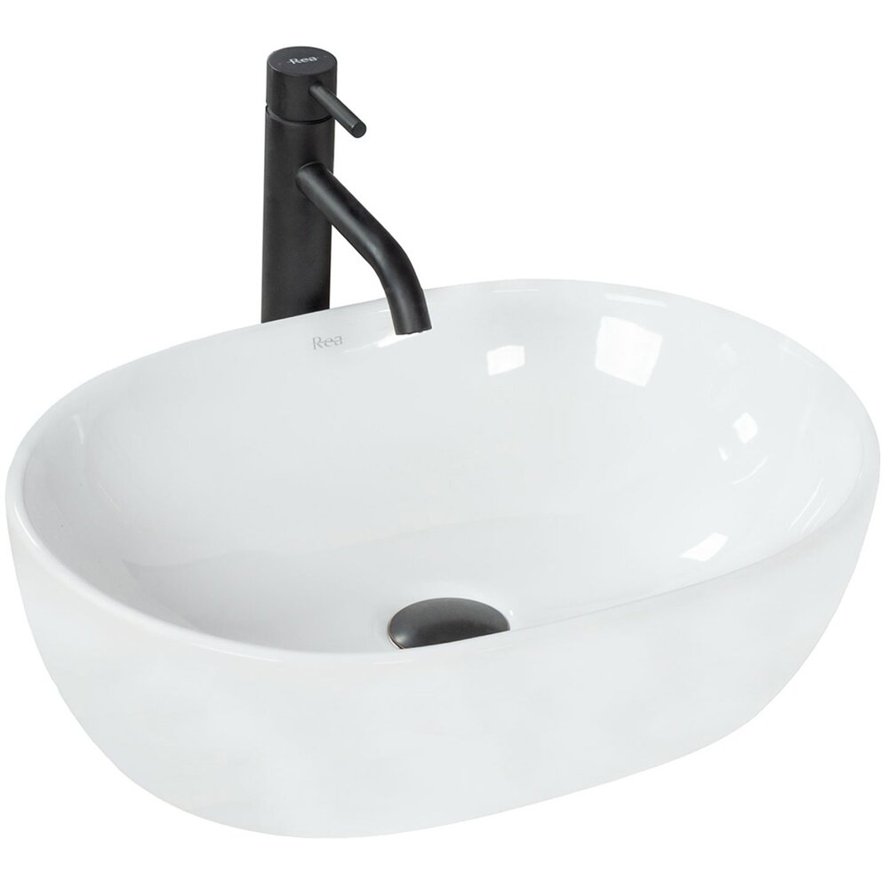 Мивка за плот Rea Amelia бяла 48 см, смесител Hansgrohe Vernis Blend черен и клапан Click-Clack черен