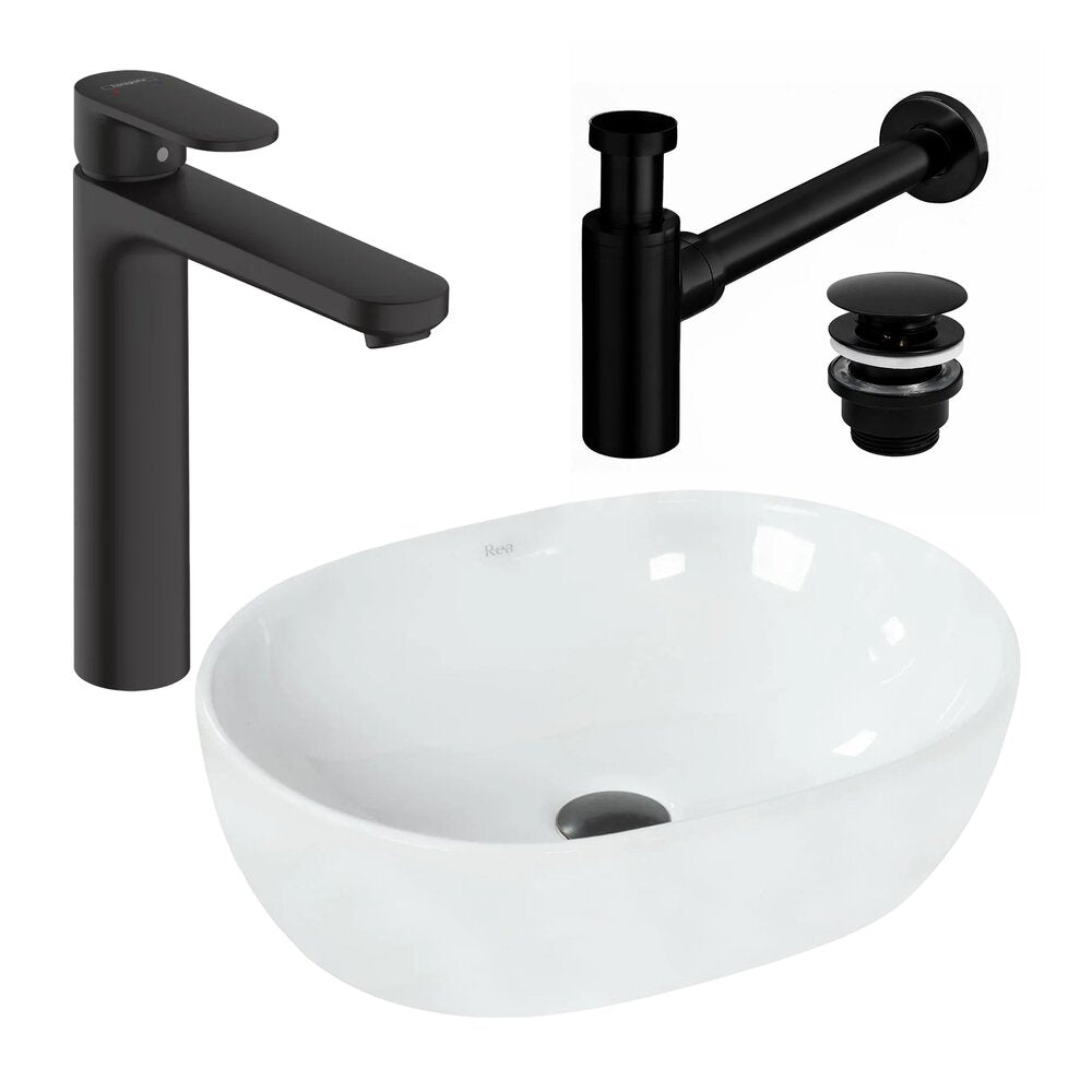 Мивка за плот Rea Amelia бяла 48 см, смесител Hansgrohe Vernis Blend черен и клапан Click-Clack черен