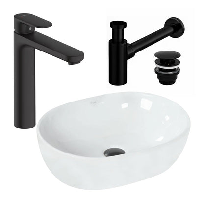 Мивка за плот Rea Amelia бяла 48 см, смесител Hansgrohe Vernis Blend черен и клапан Click-Clack черен