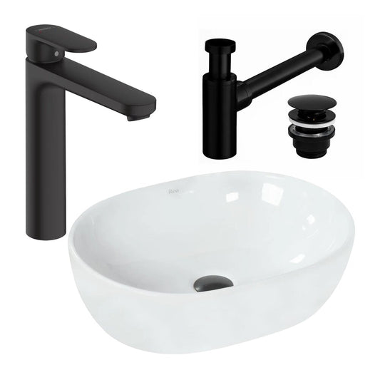 Мивка за плот Rea Amelia бяла 48 см, смесител Hansgrohe Vernis Blend черен и клапан Click-Clack черен