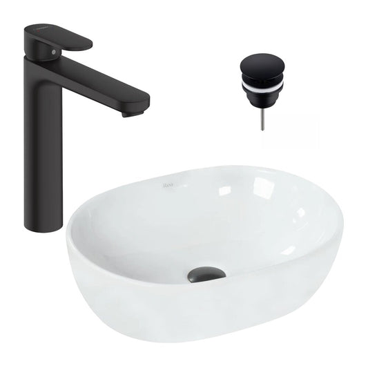 Пакет за мивка за плот Rea Amelia бял 48 см, смесител за мивка Hansgrohe Vernis Blend черен и клапан за мивка Click-Clack D черен