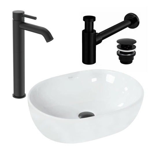 Rea Amelia White Countertop Sink Package 48 cm, Ideal Standard Ceraline Black Faucet and Black Click-Clack Sink Drain