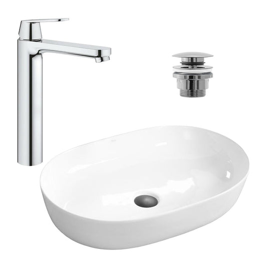 Комплект мивка за плот Rea Cleo бял 61 см, батерия за мивка Grohe Eurosmart Cosmopolitan XL хром и вентил мивка Click-Clack хром