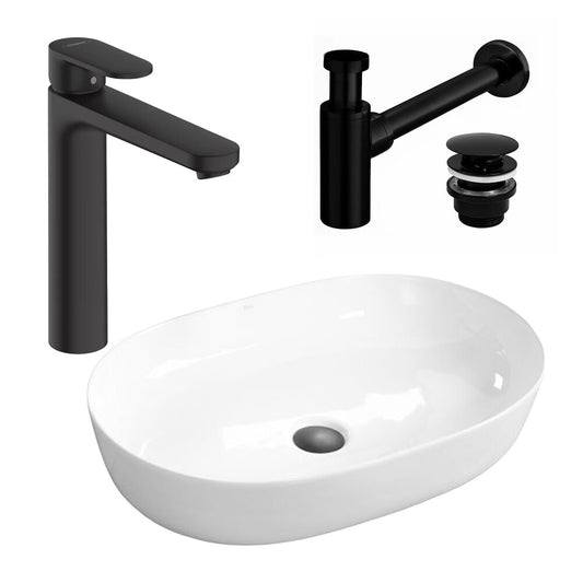 Rea Cleo White Countertop Sink Package 61 cm, Hansgrohe Vernis Blend Black Faucet and Black Click-Clack Sink Drain