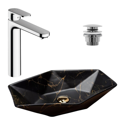 Пакет мивка за плот Rea Cleo бял 61 см, смесител за мивка Hansgrohe Vernis Blend черен и вентил за мивка Click-Clack D черен