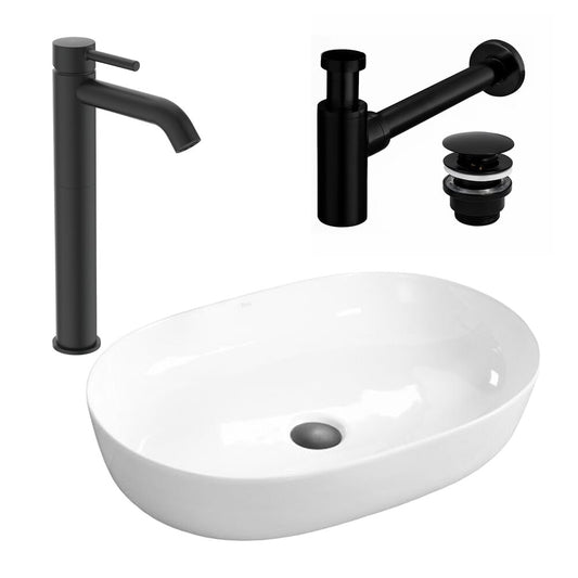 Rea Cleo White Countertop Sink Package 61 cm, Ideal Standard Ceraline Black Faucet and Black Click-Clack Sink Drain