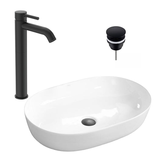 Комплект умивалник за плот Rea Cleo бял 61 см, смесител за умивалник Ideal Standard Ceraline черен и Click-Clack вентил за умивалник D черен