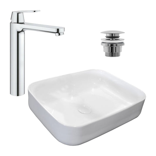 Комплект мивка за плот Rea Demi Slim бял 51 см, батерия за мивка Grohe Eurosmart Cosmopolitan XL хром и вентил за мивка Click-Clack хром