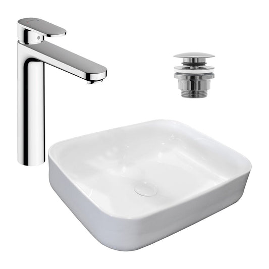 Комплект мивка за плот Rea Demi Slim бял 51 см, батерия за мивка Hansgrohe Vernis Blend хром и клапан за мивка Click-Clack хром