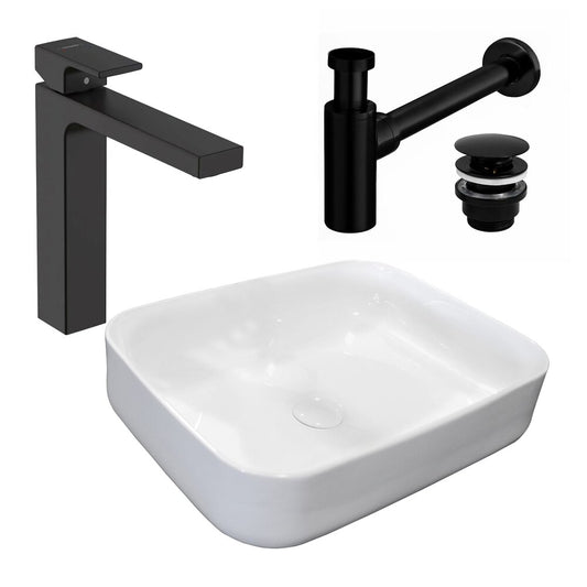 Rea Demi Slim White Countertop Sink Package 51 cm, Hansgrohe Vernis Shape 190 Black Faucet and Black Click-Clack Sink Drain