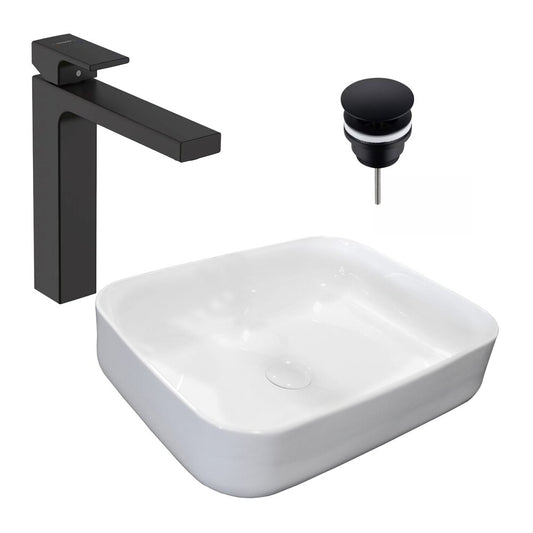 Пакет за мивка Rea Demi Slim бял 51 см, батерия Hansgrohe Vernis Shape 190 черна и вентил Click-Clack черен