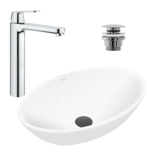 Комплект мивка на плота Rea Pamela бял 53 см, смесител Grohe Eurosmart Cosmopolitan XL хром и вентил Click-Clack хром