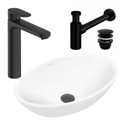 Пакет мивка за плот Rea Pamela бял 53 см, смесител за мивка Hansgrohe Vernis Blend 190 черен и вентила за мивка Click-Clack черен