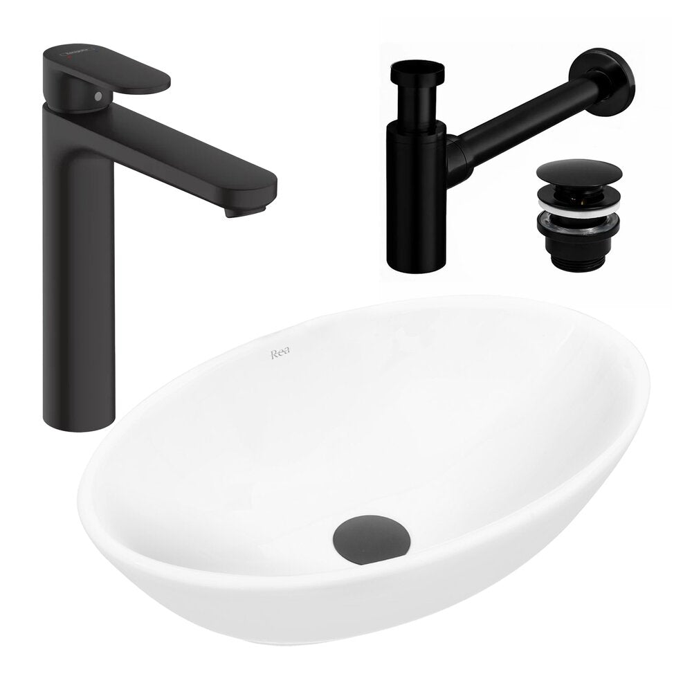 Пакет мивка за плот Rea Pamela бял 53 см, смесител за мивка Hansgrohe Vernis Blend 190 черен и вентила за мивка Click-Clack черен