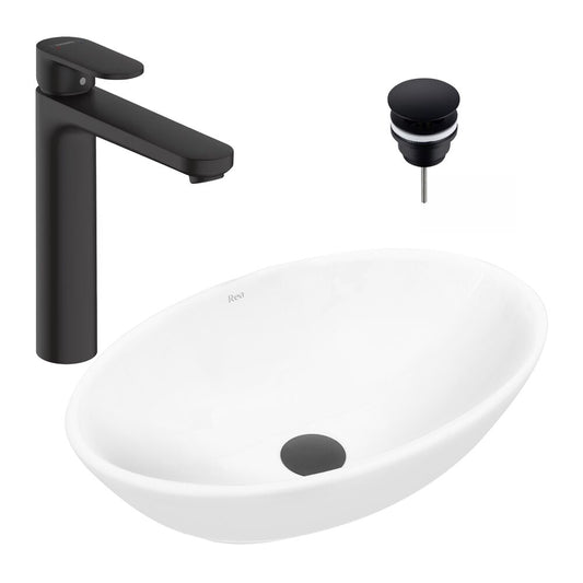Комплект мивка за плот Rea Pamela бял 53 см, смесител за мивка Hansgrohe Vernis Blend 190 черен и вентил за мивка Click-Clack черен